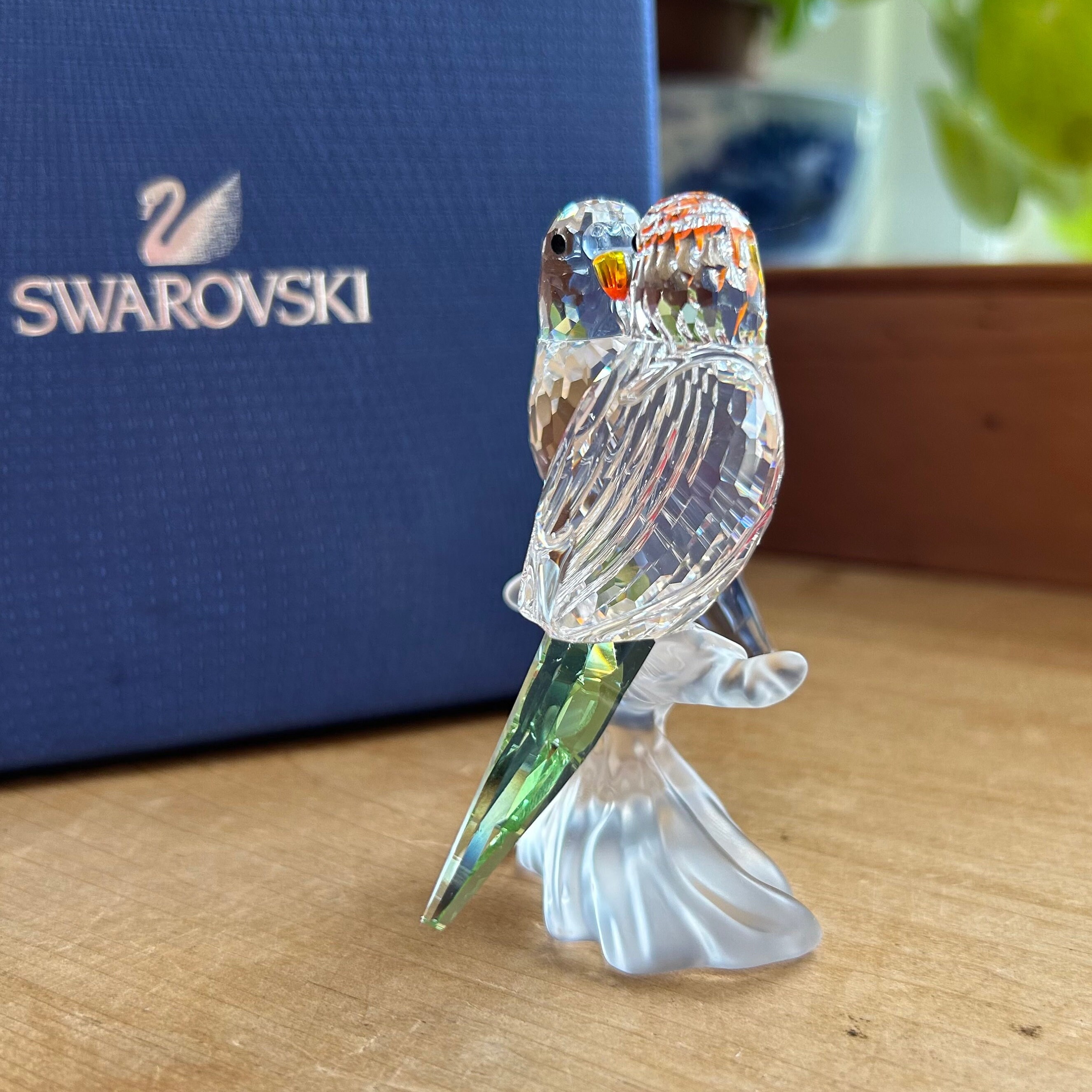 Swarovski Crystal, Austria C2005 Crystal Figurine of Budgies or Parakeets  Perched on a Tree With Colour Accents in Box 680627 H 8.3cm 3.3in 