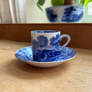 May include: A blue and white porcelain teacup and saucer set with a floral pattern. The cup has a handle and the saucer is round.
