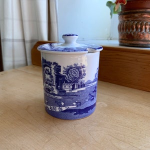 Spode, England vintage 1976-1999 covered jam, marmalade or preserve pot with spoon recess in Blue Italian pattern H 10.3cm 4in