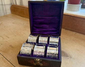 Juego antiguo de seis servilleteros de plata esterlina de Jorge V, con estuche, 4,5 cm de ancho, Gloster Birmingham 1915.