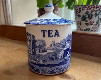 Spode, England vintage 2000 covered 'Tea' caddy, jar, cannister, container or pot with original lid in Blue Italian Height 16.5cm 6.5in