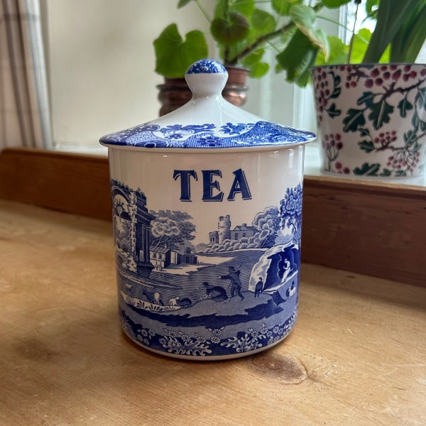 Spode, England vintage 2003 covered 'Tea' caddy, jar, cannister, container or pot with original lid in Blue Italian pattern H 16.5cm 6.5in