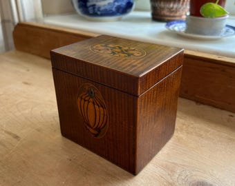 Mid Georgian tea caddy, att., Chippendale, England antique c1770 18th C, inlaid mahogany cuboid box, hinged cover, original lining H11.5cm
