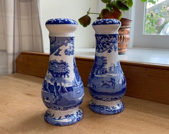 Spode, England 2005 salt and pepper shakers matching pair of tall form in Blue Italian pattern Height 16cm 6.3in