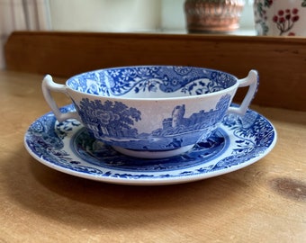 Spode, England vintage 1976-1999 0.3L 10.5floz double handled ‘lug’ soup bowl with stand in Blue Italian Width of cup 12.5cm 4.9in