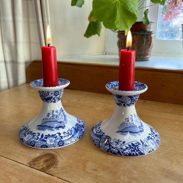 Spode, England vintage 1989 matching pair of dwarf or short candlesticks or candle holders in Blue Italian pattern Height 7.8cm 3.1in