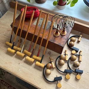 Table Croquet Set, England antique c1890 Victorian complete original parlour game with wooden mallets in labelled pine box Width 39cm