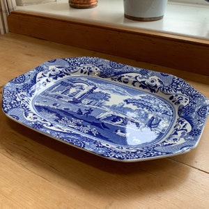 Bandeja grande para carne, fuente o plato para servir de Copeland Spode, Inglaterra, antes de 1970, con diseño italiano azul Ancho 36,5 cm 14,4 in