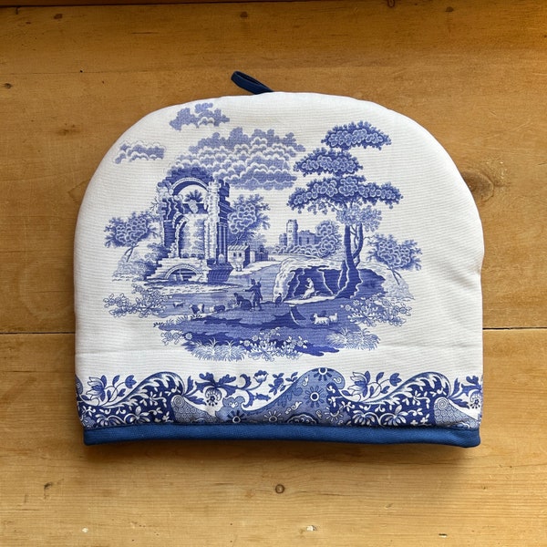 Portmeirion Pimpernel, England after 2009 new unused tea cosy quilted cover for 0.57L 1pt or 1.14L 2pt teapot in Spode blue Italian pattern