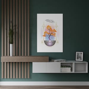 May include: A white canvas print featuring a colourful tree illustration and the text "GO WITH THE FLOW". The print is hanging on a teal wall above a white and brown shelf with books and a framed photograph.