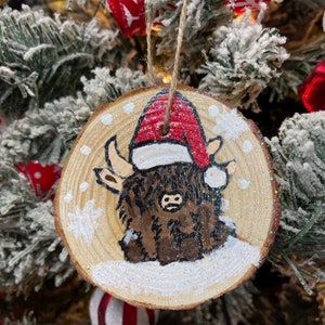 Houten ornament, harige koe kerstornament, koeornament, boomschijf Highland Cow-ornament, gepersonaliseerd cadeau