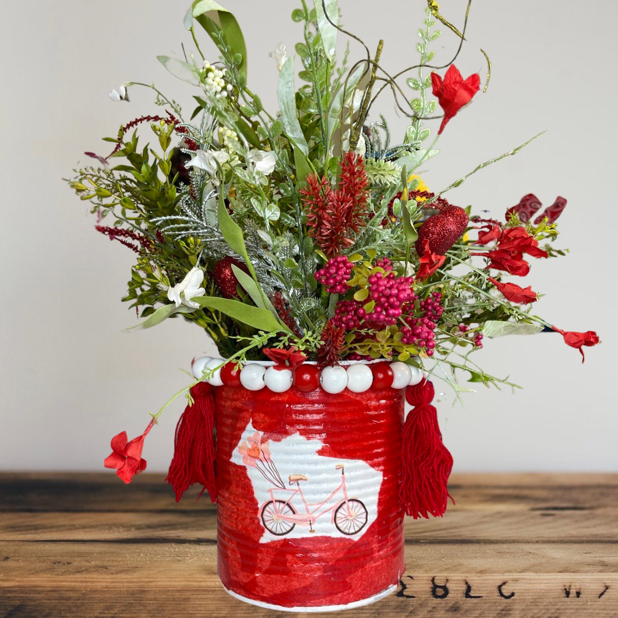 Large Handmade Decoupaged Bicycle Valentine Tin Can Planter, Valentine Can, Handmade Flower Pot, Up cycled planter, Altered Art