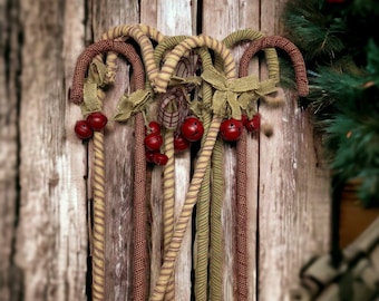 Extra Large Set of 3 Handcrafted Primitive Christmas Candy Canes - Rustic Holiday Home Decor , ticking fabric Christmas decor