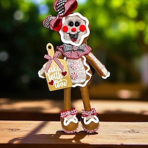 Gingerbread Girl Christmas Shelf Sitter or Wreath Attachment – Peppermint Bow, Holiday Kitchen Decor, “Baked with Love” Tag