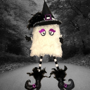 Handmade Ghost Witch Halloween wreath attachment , whimsical Plush ghost with witch boots , witch wreath attachment