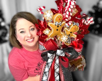 Handmade Gingerbread Christmas Tree Topper , Festive Red and Black Plaid Bow, Candy Canes & Gingerbread Accents