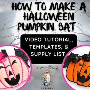 以下が含まれることがあります： ハロウィンのパンプキンバットの作り方、ビデオチュートリアル、テンプレート、サプライリスト。ピンクとオレンジの2つのパンプキンバットが、黒いコウモリの翼と共に示されています。