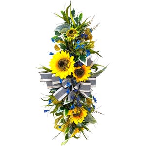 Sunflower Swag for Door or Column – Handmade Yellow & Blue Floral Decor, Farmhouse Rustic Summer Wreath Alternative