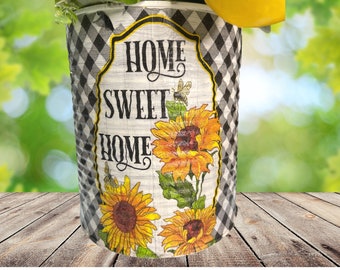 Sunflower Pot for Plants, Buffalo Plaid Planter Pot, Floral Decoupage Tin Can, Upcycled Tin Can, Recycled Can, Home Decor