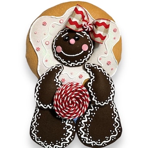 Gingerbread Girl Donut Wreath Attachment – Holiday Door Decor, Christmas Lollipop Pick, Customizable Colors, Festive Kitchen Accent