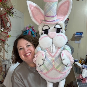 Easter Bunny Wreath Attachment, Handmade Spring Bunny Decor, Pastel Plaid Rabbit Door Hanger, Cute Easter Decoration, Plush Bunny Topper
