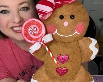 Handmade Gingerbread Girl Attachment with Peppermint Lollipop - Christmas Wreath Accessory, Holiday Decor, Cute Gingerbread Ornament