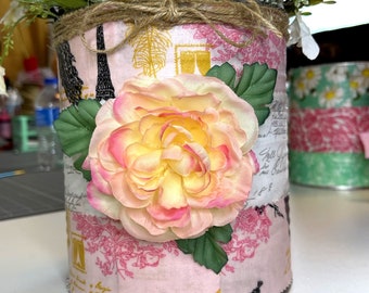 French Country Flower Pot, Shabby Planter Pot, Eiffel Tower Decoupage Tin Can, Upcycled Tin Can, Recycled Can, Home Decor