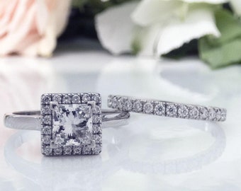 Princess Cut Colorless Moissanite Engagement Ring Sets, Halo Wedding Ring, Pave Band, Princess Halo Ring, Anniversary Gift, Ring for Women