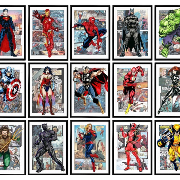 Set 15 superhero download print, digital superhero poster, printable superhero art for nursery room wall decor