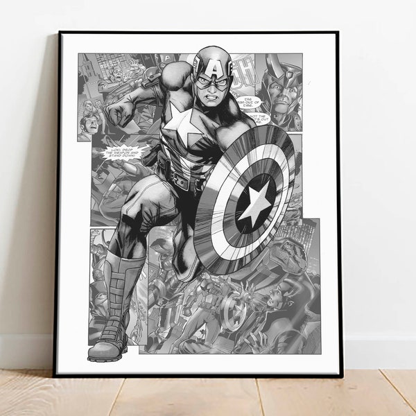 Captain America download print, digital superhero poster, printable superhero art for nursery, colorless print