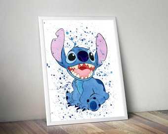 Stitch download print, stirch watercolor art poster for kids room wall decor