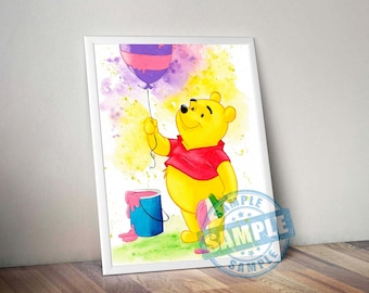 Winnie pooh download print, Winnie watercolor art poster for kids room wall decor