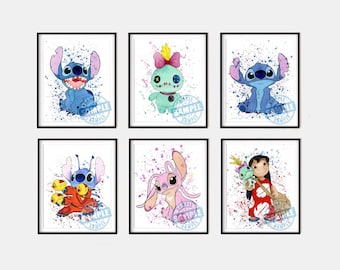 Set stitch download print, stirch watercolor art poster for kids room wall decor