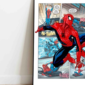 May include: A comic book panel featuring Spider-Man swinging through the air with a red and blue suit. The text in the panel reads "MR SHOOKY-PANTS YOU DIDN'T PAY THE BRIDGE TOLL! LAST I HEARD IT WAS A $100 FINE. LICENSE, REGISTRATION AND BAD-GUY INSURANCE!"