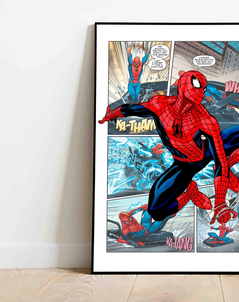 May include: A comic book panel featuring Spider-Man swinging through the air with a red and blue suit. The text in the panel reads "MR SHOOKY-PANTS YOU DIDN'T PAY THE BRIDGE TOLL! LAST I HEARD IT WAS A $100 FINE. LICENSE, REGISTRATION AND BAD-GUY INSURANCE!"