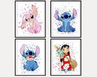 Set stitch download print, stirch watercolor art poster for kids room wall decor