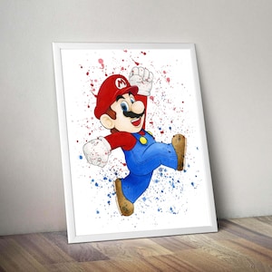 Super mario download print, mario watercolor art poster for kids room wall decor