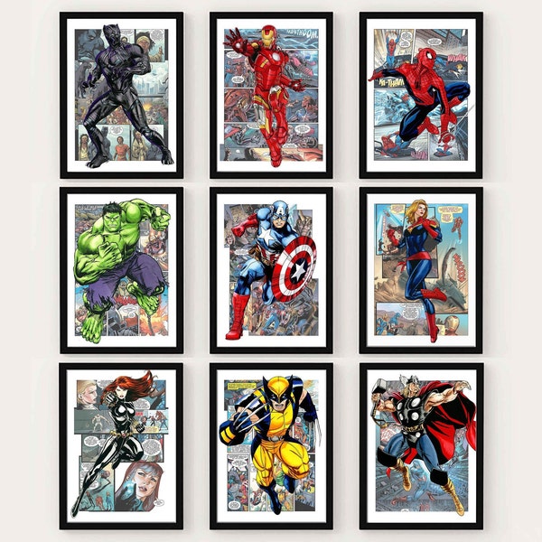 Set 9 superhero download print, digital superhero poster, printable superhero art for nursery room wall decor marvel hero avengers print