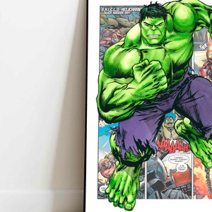 May include: A comic book illustration of the Hulk, a green superhero, running with a determined expression. He is wearing purple pants and is surrounded by other characters and action panels. The text "S.H.I.E.L.D. HELICARRIER LOWER HANDAR BAY." is visible in the top left corner. The text "TARGET ANGRY TARGET ANGRY!" is visible in the bottom right corner.