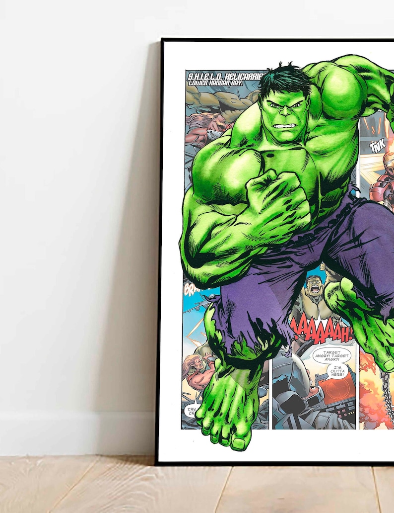 May include: A comic book illustration of the Hulk, a green superhero, running with a determined expression. He is wearing purple pants and is surrounded by other characters and action panels. The text "S.H.I.E.L.D. HELICARRIER LOWER HANDAR BAY." is visible in the top left corner. The text "TARGET ANGRY TARGET ANGRY!" is visible in the bottom right corner.