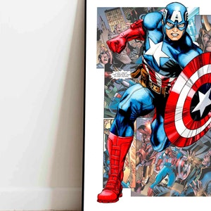 May include: A comic book illustration of Captain America in a red, white, and blue costume, holding his shield and running towards the viewer. The background is a collage of comic book panels.
