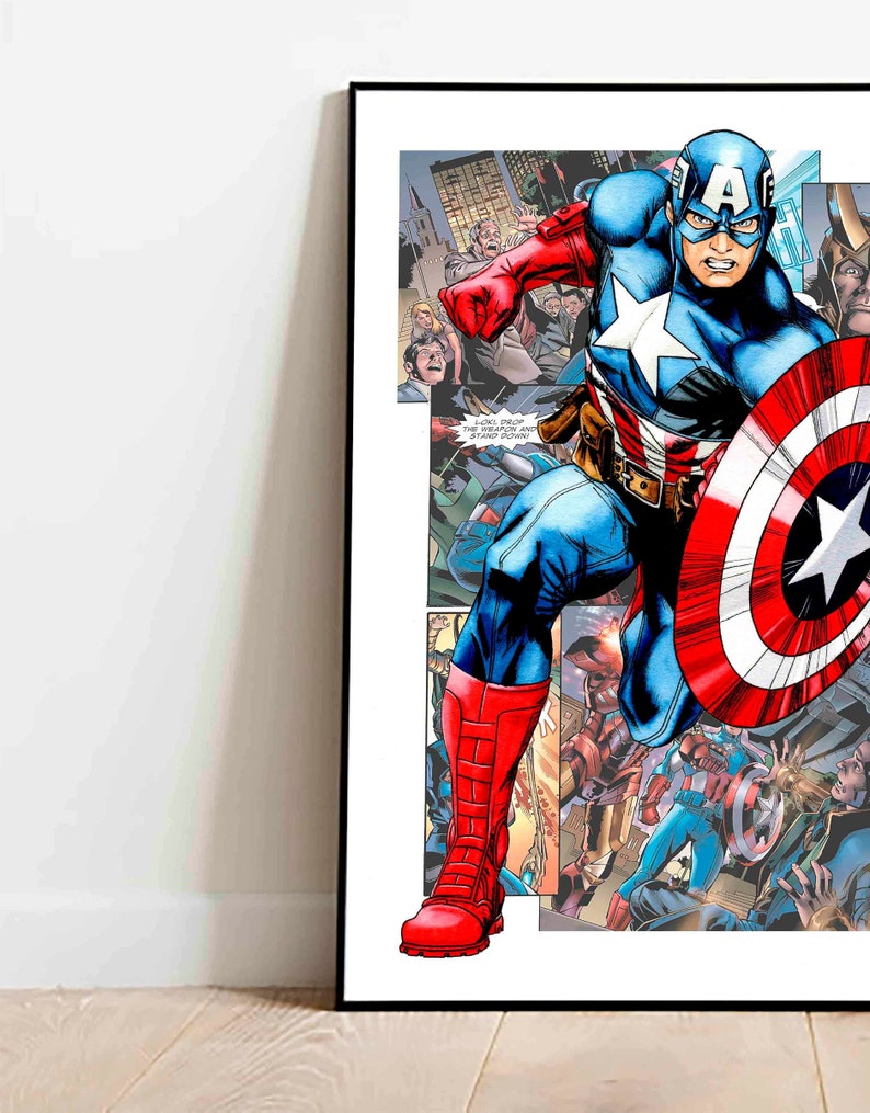 May include: A comic book illustration of Captain America in a red, white, and blue costume, holding his shield and running towards the viewer. The background is a collage of comic book panels.