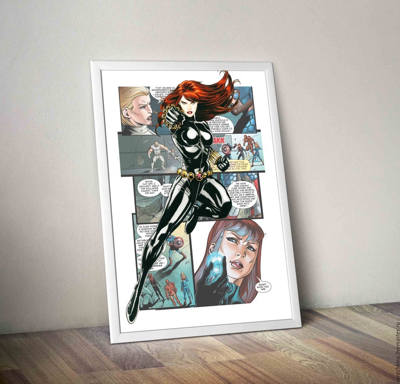 May include: A framed comic book print featuring Black Widow, a superheroine in a black suit, with red hair and a determined expression. The print includes multiple panels with other characters, including Captain America and Iron Man.
