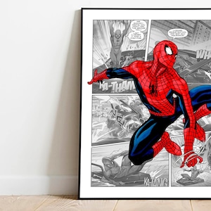 K&ouml;nnte beinhalten: Ein Comic-Panel mit Spiderman in einem rot-blauen Anzug, der durch die Luft schwingt. Der Hintergrund ist in Schwarzwei&szlig; mit den Worten "Ka-Thang" und "Ka-Tang" in den unteren Panels.