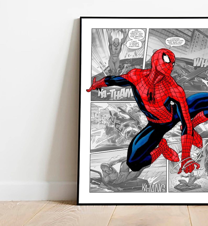 K&ouml;nnte beinhalten: Ein Comic-Panel mit Spiderman in einem rot-blauen Anzug, der durch die Luft schwingt. Der Hintergrund ist in Schwarzwei&szlig; mit den Worten "Ka-Thang" und "Ka-Tang" in den unteren Panels.