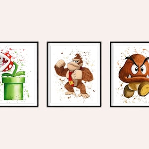 Set 3 super mario download print, mario print watercolor art poster for kids room wall decor