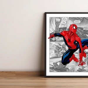 K&ouml;nnte beinhalten: Ein Schwarzwei&szlig;-Comic-Panel mit Spider-Man in einem rot-blauen Anzug, der durch die Stadt schwingt. Der Text im Panel lautet "KA-THAM" und "KA-ZING".