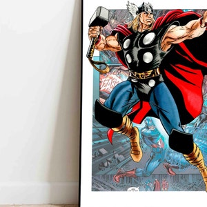 May include: A comic book illustration of Thor, a superhero with a red cape, wielding a hammer. He is flying through the air with a determined expression on his face. The background features other superheroes and a cityscape.