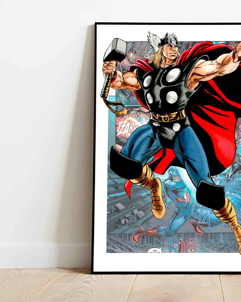 May include: A comic book illustration of Thor, a superhero with a red cape, wielding a hammer. He is flying through the air with a determined expression on his face. The background features other superheroes and a cityscape.