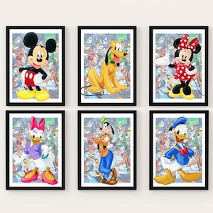 Set Mickey en vriend downloadprint, mickey mouse aquarel kunstposter voor kinderkamer wanddecoratie